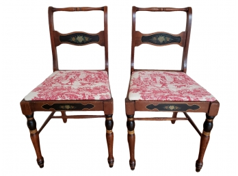 Sweet! Pair Antique Regency Painted Dining Chairs With Pink Toile Fabric