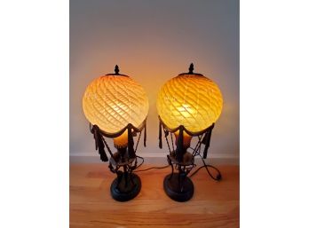 Gorgeous Pair Of Hand Blown Amber Hot Air Balloon Lamps - WORKS!