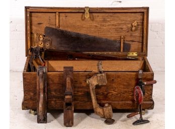 Antique Wooden Trunk Filled With Hand Tools