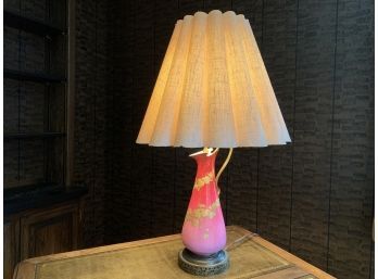 Beautiful Vintage Pink Lamp With Gold Leaf Vine Design, Trim And Handle