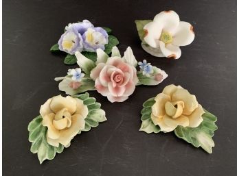 Beautiful Collection Of Capodimonte Flowers (4) & 1 Non-porcelain Piece