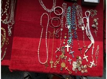 Lot Of Religious Medallions, Rosary Beads & Costume Jewelry