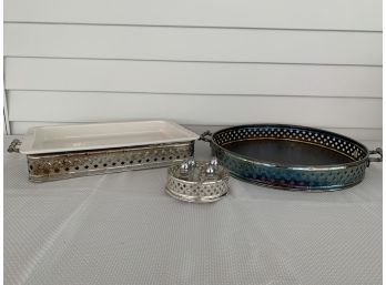 Hollywood Regency Style Bamboo Basketweave Silver Plate Pieces.