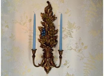 Pair Of Vintage Syroco, 2 Arm Wall Sconce Candle Holders. Rich Gold & Blue Tones. Hollywood Regency Style