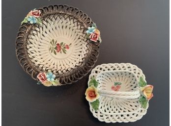 Lovely Capodimonte Porcelain Basketweave Footed Bowl & Bassano Hand Painted Ceramic Basket, Made In Italy