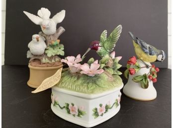 Trio Of Vintage, Bird Themed Porcelain Items. 1 Figurine, 1 Bell, 1 Music Box
