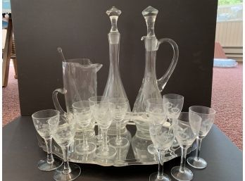 Vintage Etched Glass Barware & Stainless Tray. Very Pretty Pieces With Floral Design.