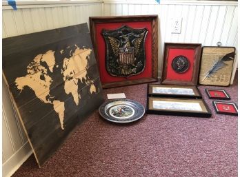 Interesting Collection Of American History Art & A World Map On Pallet Pieces