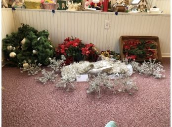 Great Christmas Decorating Lot. Artificial Decorated Evergreen, Poinsettia, Silver Garland & Stars & More!