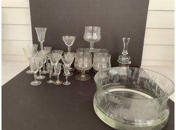 Elegant Vintage Etched Glasses, Bowl & Bell