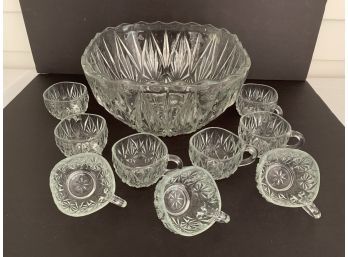 Pretty Etched Glass Punch Bowl Set With Slightly Squared Shape. 9 Cups