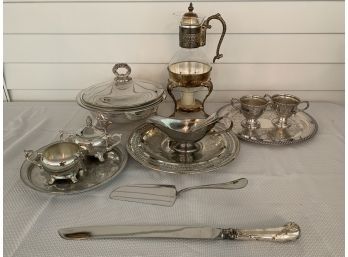 Large Silver Plate Serving Lot, Including A Great Looking Glass Coffee Carafe With Warmer.