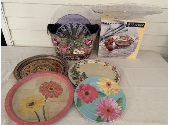 Colorful Assortment Of Metal & Plastic Trays & Glass Serving Pieces. New Anchor Hocking Chip & Dip Set.