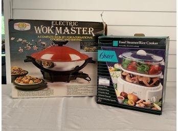 Electric Wok Master & Oster Food Steamer/rice Cooker. Like New, Possibly Never Used.