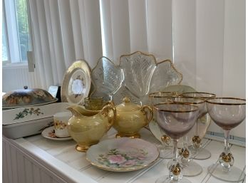 Lovely Collection Of Vintage & Modern Tabletop Pieces Featuring Pretty Roses, Yellow, Purple And Green Colors.