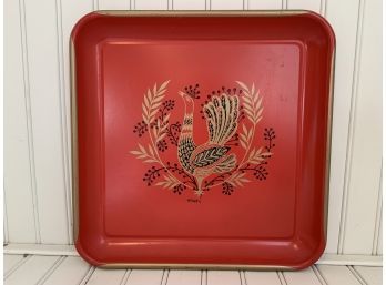 Mid Century Modern, 1960s Red Metal Tray With Peacock Design. Signed Maxey