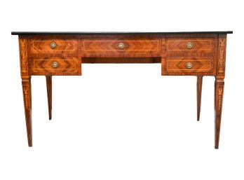 Italian Five Drawer Inlaid Wood Desk With Herringbone Design