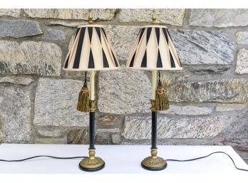 Pair Of Brass Candlestick Lamps With Pleated Shades