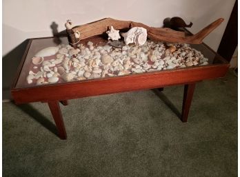Mid Century Glass Top Table With Seashell And Driftwood Decor