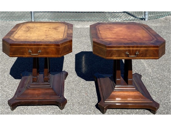 Pair Of One Drawer Band Inlay Leather Top Stands