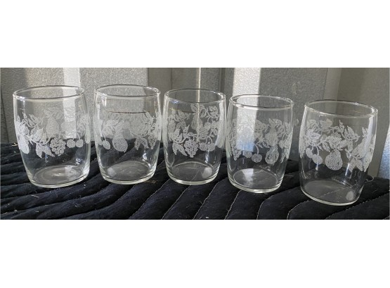 Five Vintage Etched Glass Juice Cups