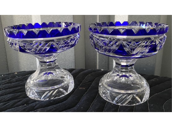 Pair Of Blue Cut To Clear Candy Dishes