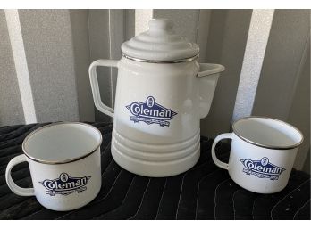 Coleman Enamel Coffee Perculator And Two Cups