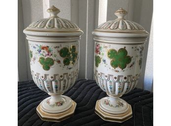 Pair Of Paint Decorated Lided Urns