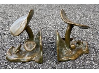 Pair Of Bronze Mushroom And Frog Motif Bookends By McClelland Barclay