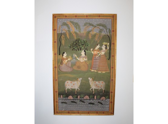 Amazing  Hand Painted Fabric Panel Framed From India, 4 Feet 9 Inches Tall