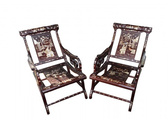 Amazing Pair Of Chinese Rosewood & Mother Of Pearl Reclining Chairs