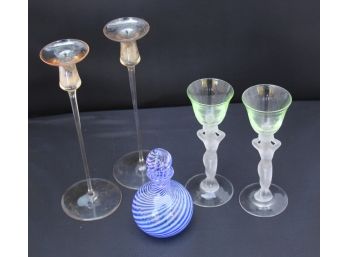 Eclectic Mix Of Glass Candle Holders And Perfume Bottle
