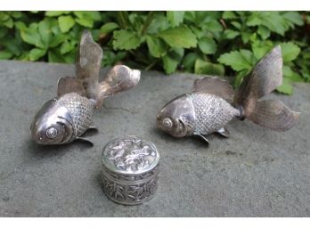 Amazing Pair Of Unique Sterling Silver Coe Fish & Sterling Embossed Chinese Trinket Box