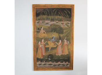 Amazing  Hand Painted Fabric, Framed Panel From India, 4 Feet 10 Inches Tall
