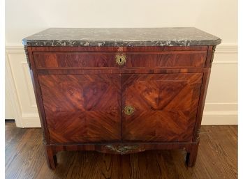 Vintage Console Cabinet With Brass Accents And Marbled Top