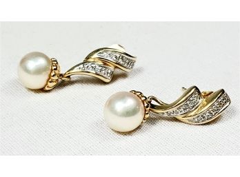 14k Gold Diamond Pearl Drop Earrings