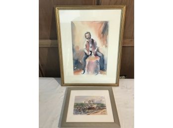 Two Watercolors By Amanda Epstein  Young Man Sitting On Rock And Boat At Dock