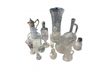 Great Collection Of Fourteen (14) Pieces Of Cut Crystal & Glass Objects