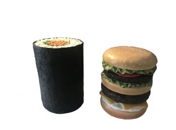 Unique Clay Sculptures Of Sushi Roll & Hamburrger  On A Bun