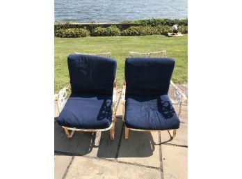 Two Vintage Wrought Iron Side Chairs With Navy Blue Cushons