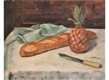 Signed Oil On Canvas Still Life With  Bread And Pineapple