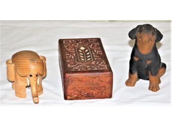 Carved Wooden Box And Two Animal Figures