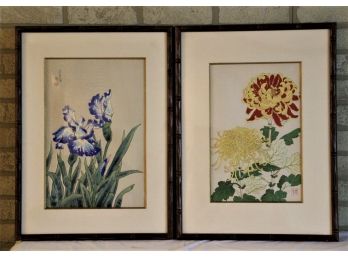 Pair Oriental Floral Wood Block Prints