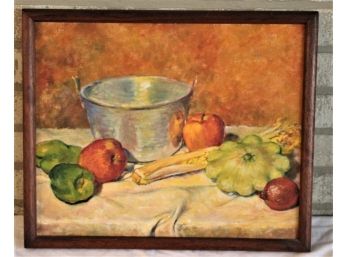 Oil On Canvas Still Life With Bucket And Fruit