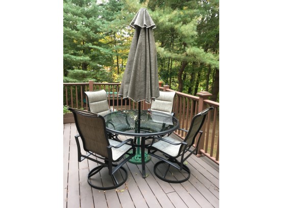 E116 Only 1 Season Old, Fantastic Hampton Bay Patio Set With Umbrella, 4 Chairs, And Glass Top Table