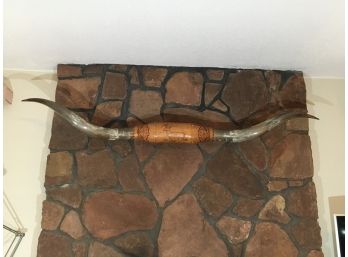 E19 Huge Bull Horns With Leather Wrapped Center, 6 And A Half Feet Long