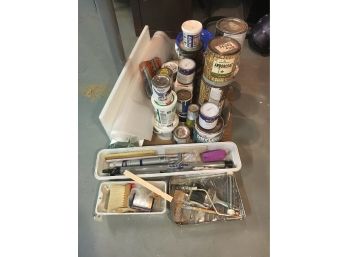 E75 Large Lot Of Paint And Painting Supplies Including Home Right Paint Stick (Buyer Must Take All)