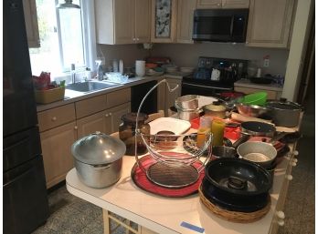 E60 Huge Kitchen Lot, Contents Of Cabinets Including Aluminum Dutch Oven, Cast Iron Cookware, And More