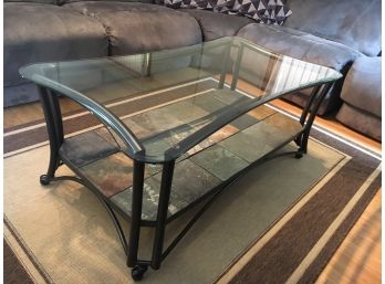 E21 Modern Metal Frame Coffee Table With Glass Top And Tile Shelf
