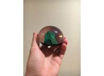 E51  Vintage Lucite And Encased Malachite Paperweight